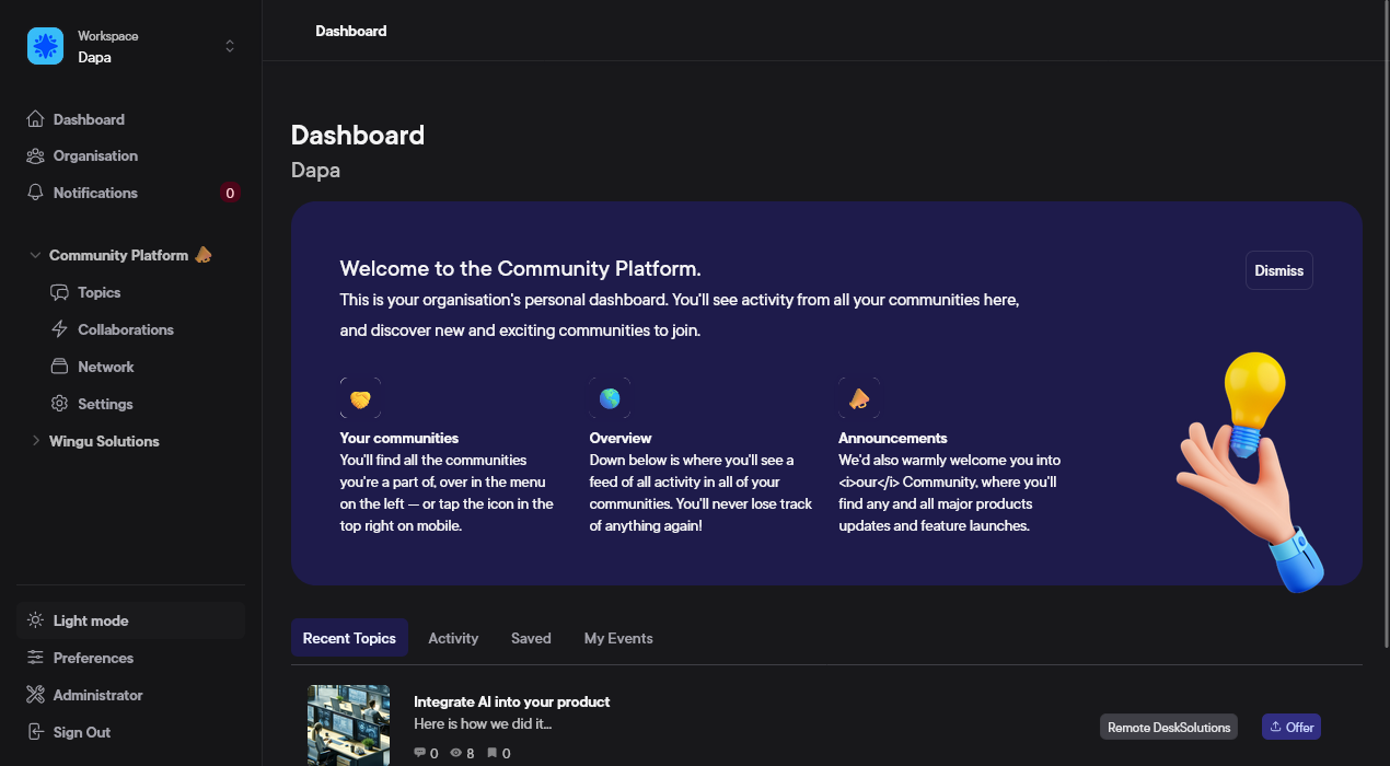Example of The Community Platform dark theme dashboard