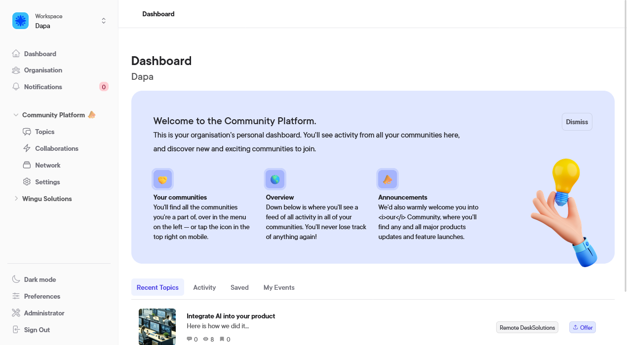 Example of The Community Platform light theme dashboard
