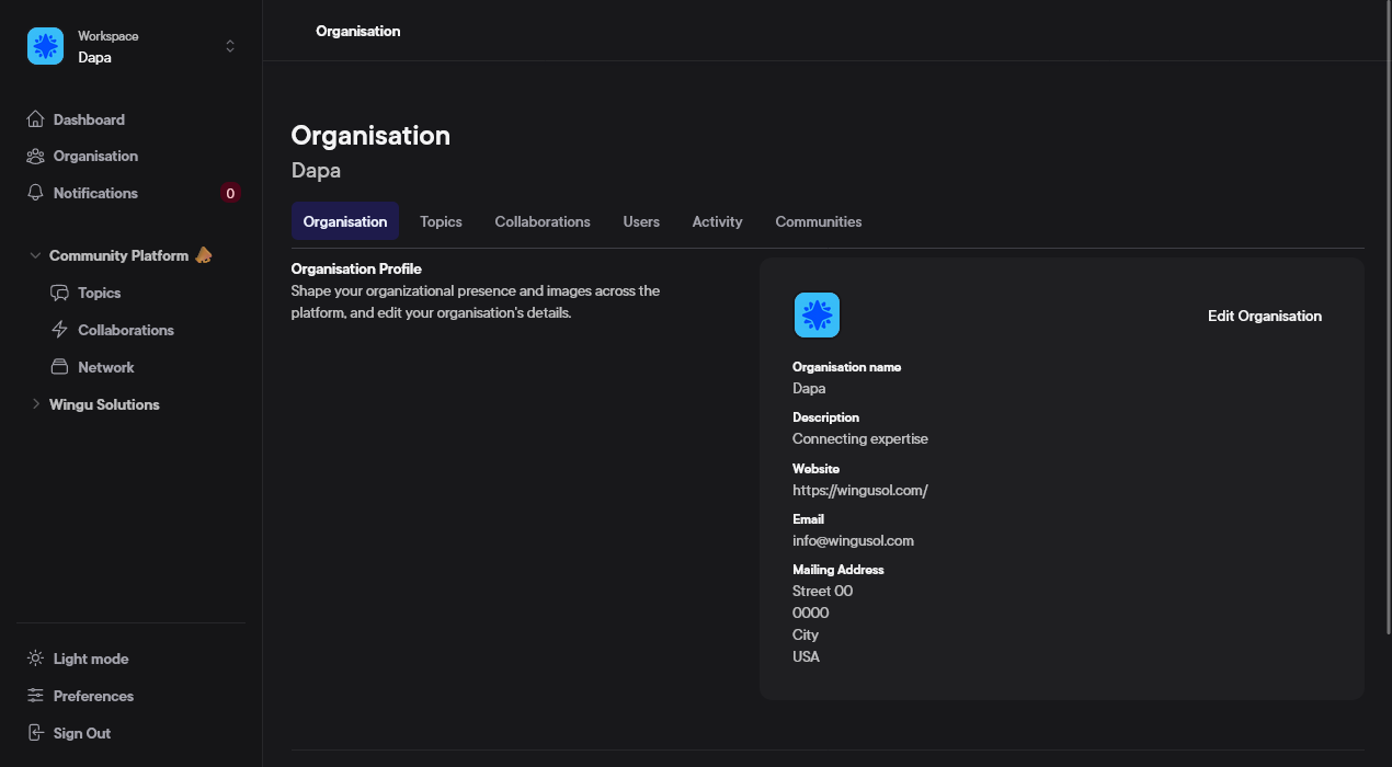 Example of an organisation management page in The Community Platform
